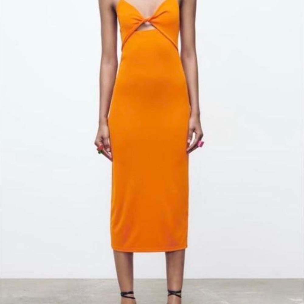 Zara Twist Front Orange Midi Dress